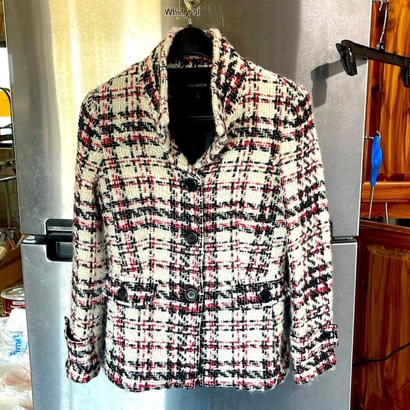 Talbots Jackets & Blazers - Talbots Cropped Tweed 3 Button‎ Blazer women’s Sz 4 White,Black,& Red Large Knit